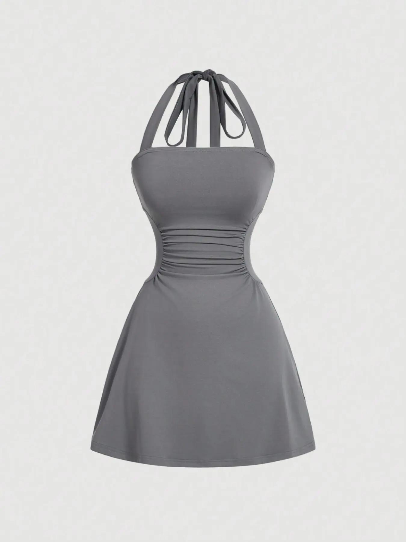 Women's Solid Ruched Tie-Back Open-Back Cami Dress Sleeveless A-Line Mini