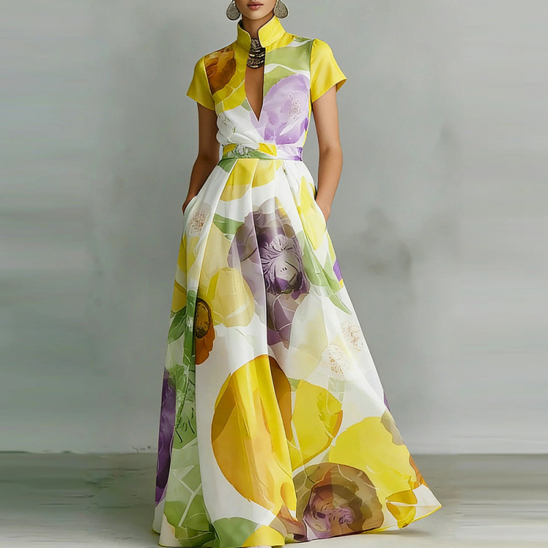 Floral Print Deep V-Neck Short Sleeve A-Line Maxi Dress
