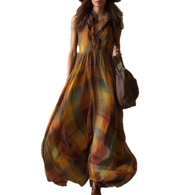 Western Boho Plaid Sleeveless A-Line Midi Dress with Pockets