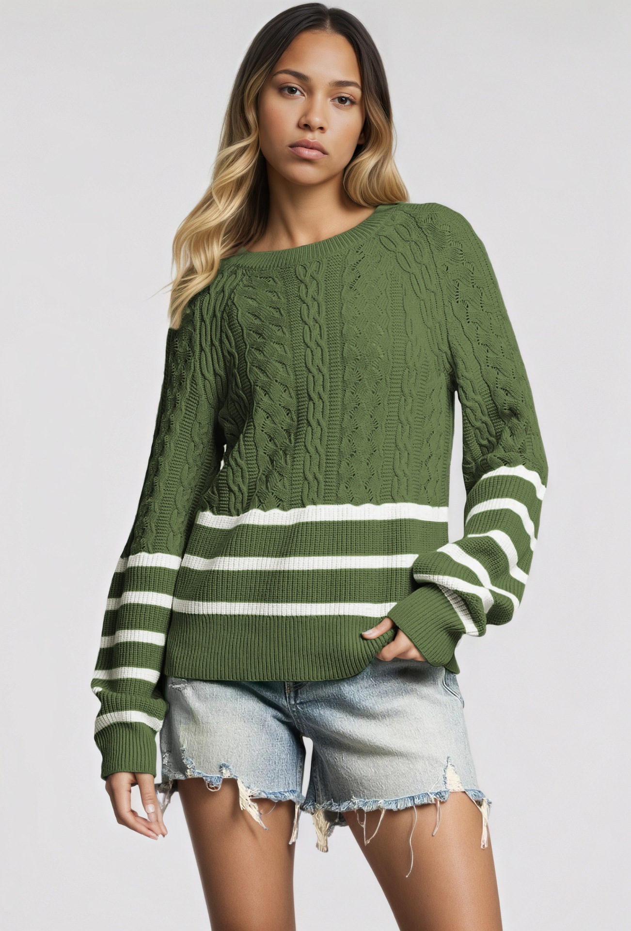Women's Cable Knit Striped Crewneck Sweater Loose Fit Long Sleeve