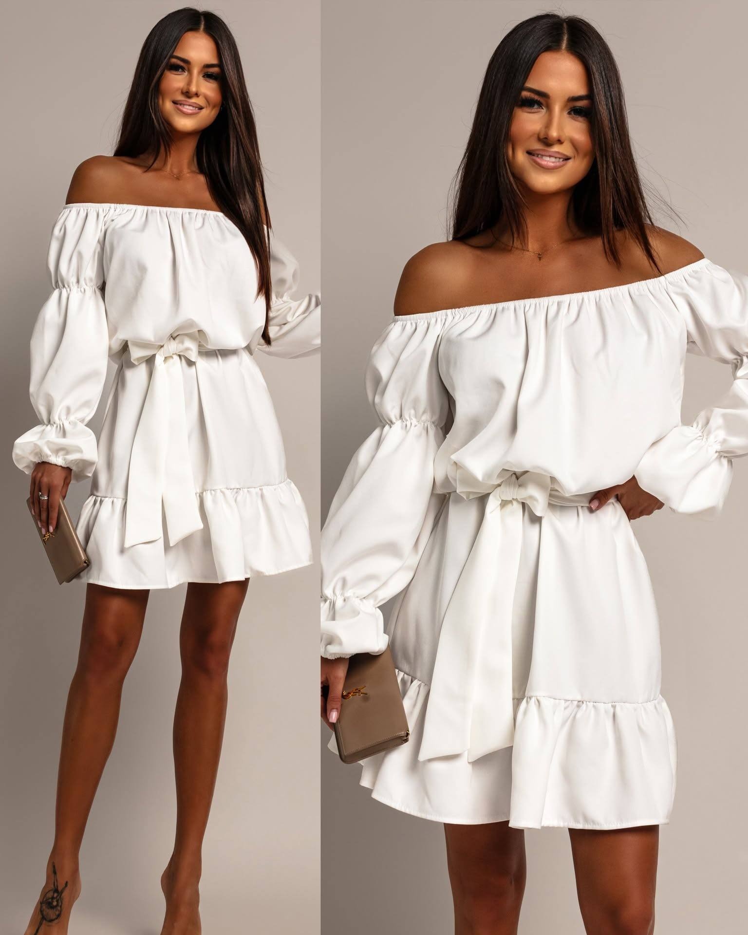 Off-Shoulder Lantern Sleeve High Waist Short Dress