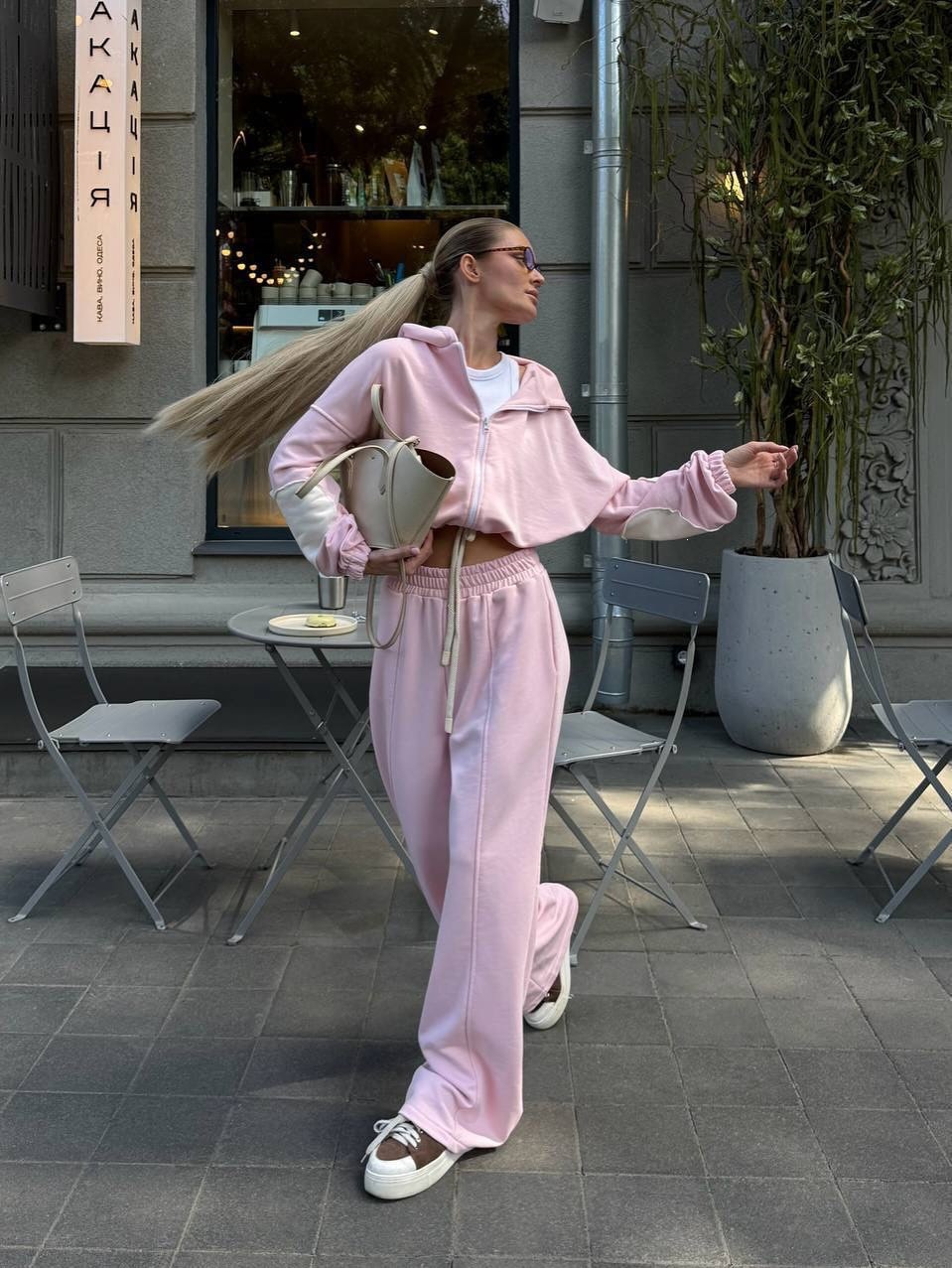 Women's Long Sleeve Zip Hooded Tie-Waist Cardigan and Wide-Leg Pants Two-Piece Set