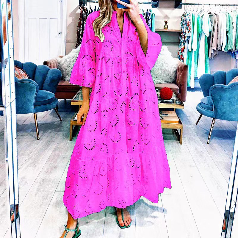 Women's French V-Neck Bell Sleeve Lace Hollow Out Long Dress