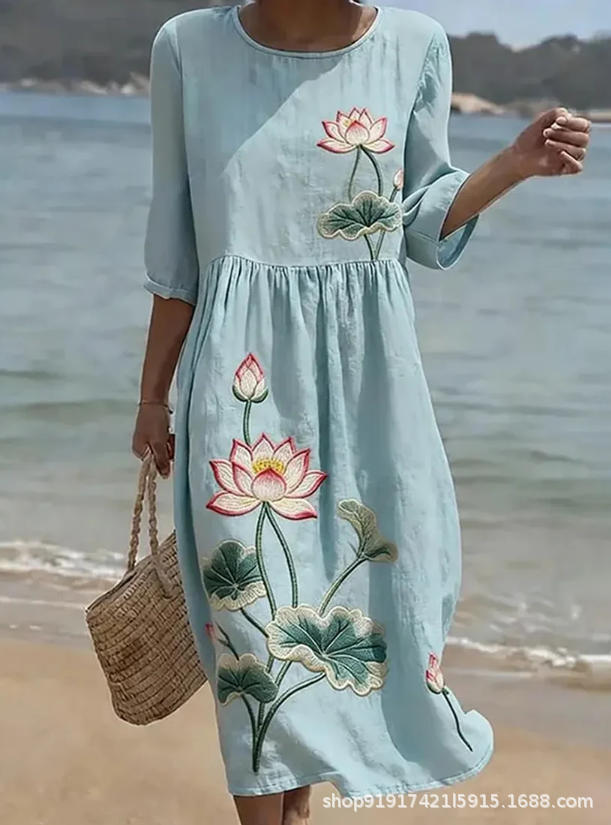 Women's Floral Print Ruched Midi Dress with Half Sleeves
