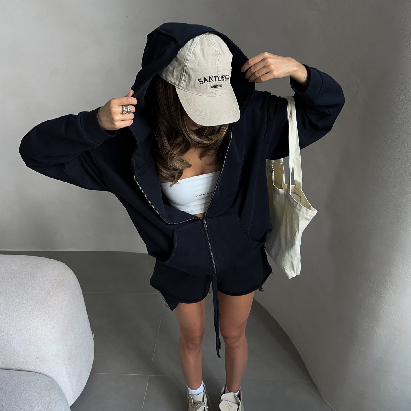 Women's Solid Color Long Sleeve Hooded Drawstring Sweatshirt and Shorts Set