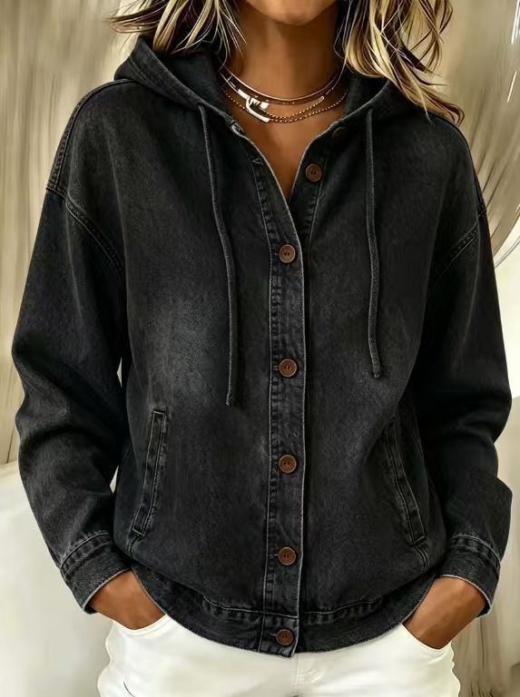 Women's Washed Denim Hooded Bomber Jacket Casual Long Sleeve