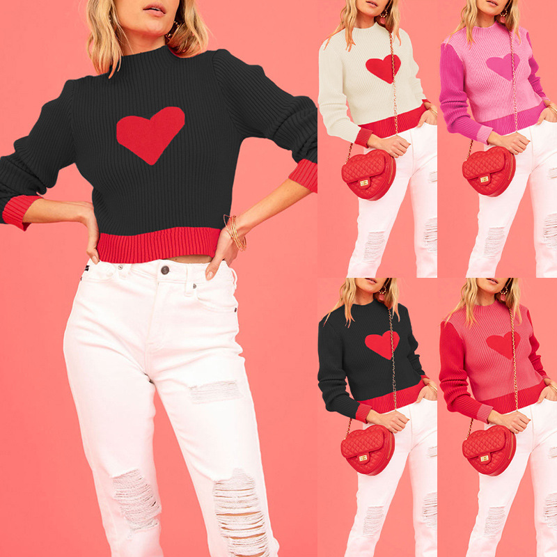 Colorblock Heart Mock Neck Slim Fit Knit Sweater