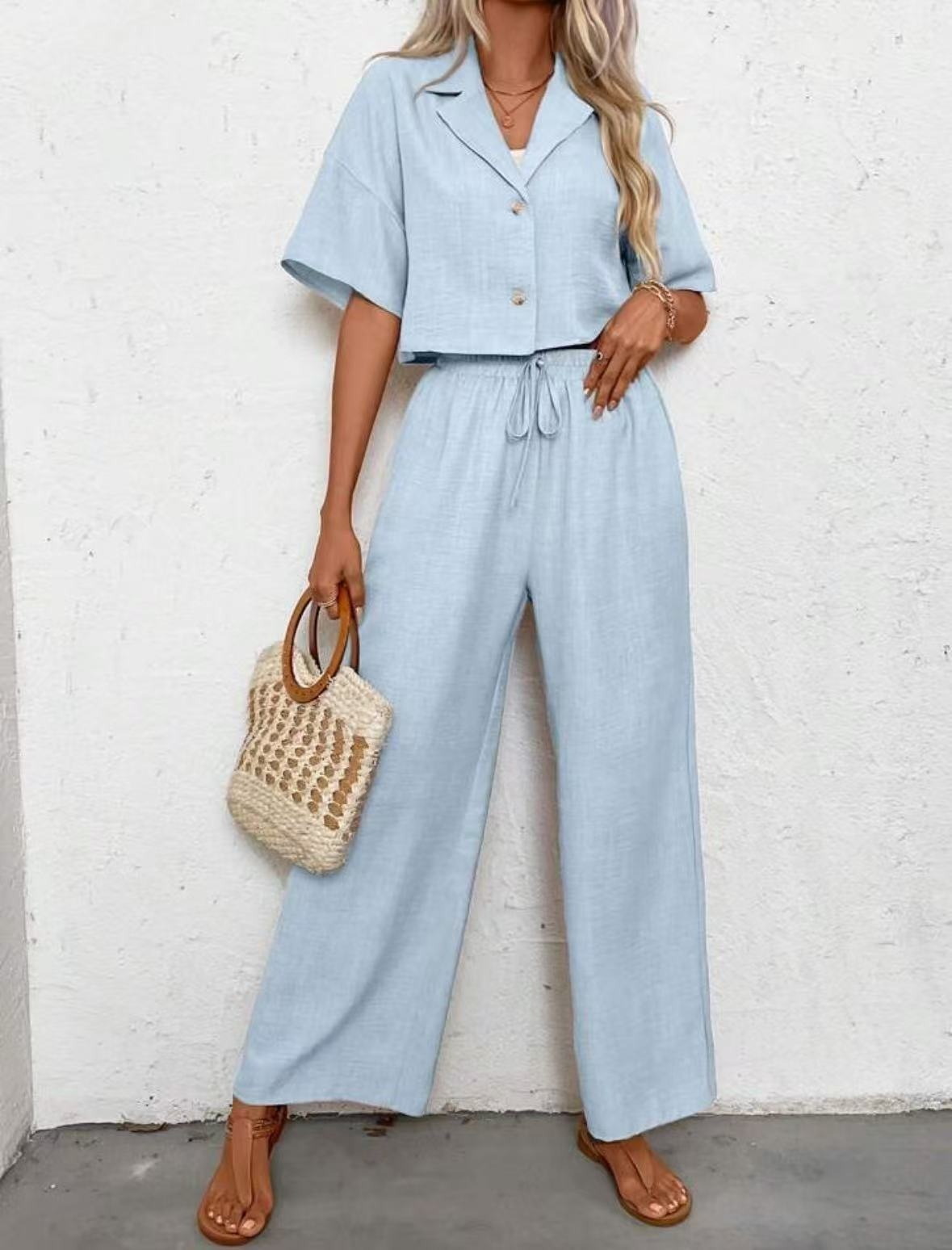 Women's Casual Wide-Leg Two-Piece Set Solid Color