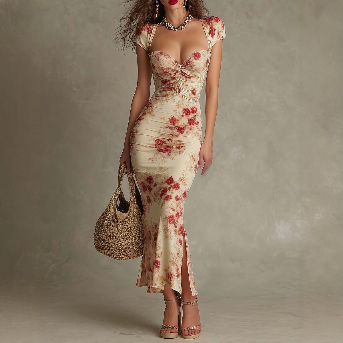 Vintage Abstract Print Sweetheart Neck Bodycon Midi Dress