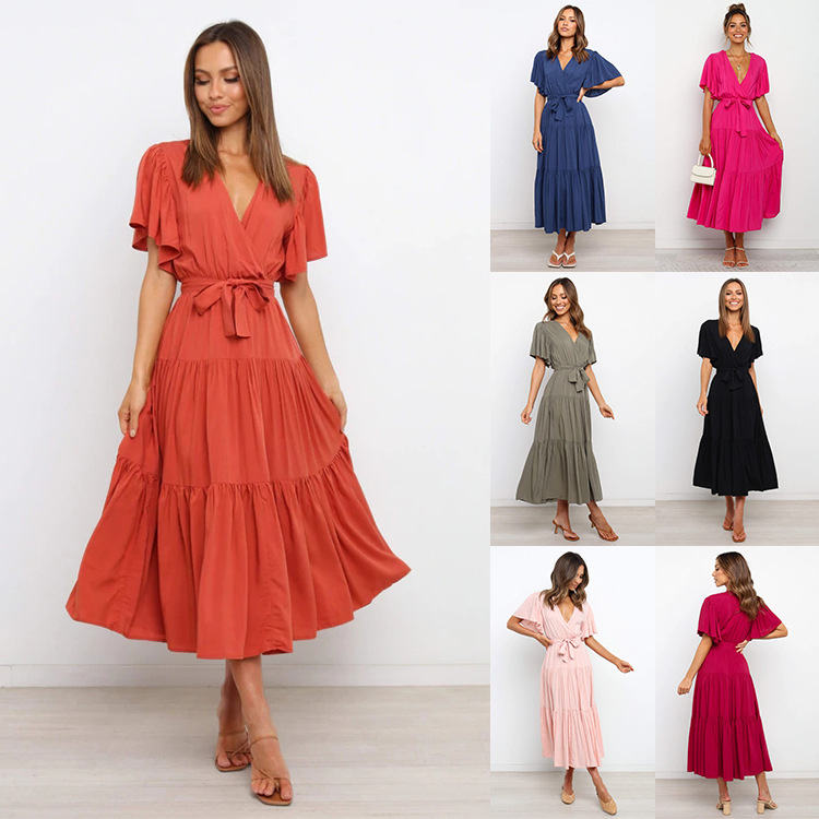 V-Neck Printed Short Sleeve High Waist A-Line Maxi Dress