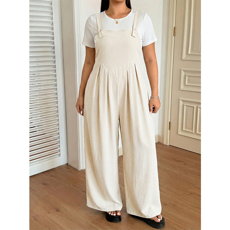 Women's Plus Size Beige Wide-Leg Jumpsuit with Straps