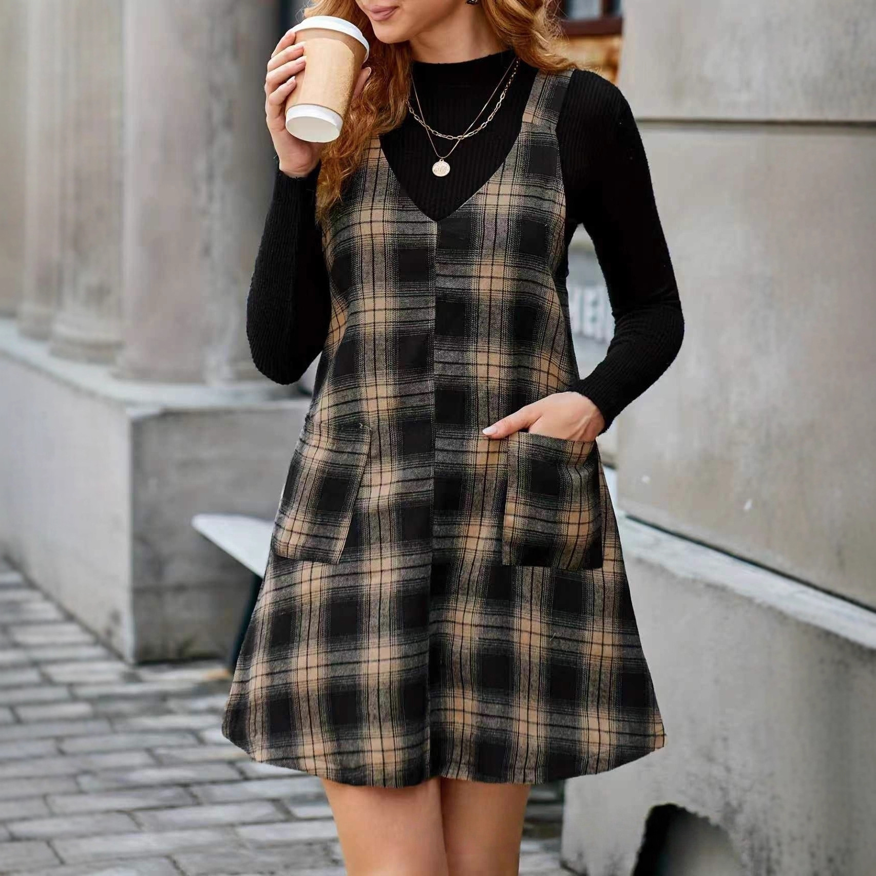Corduroy V-Neck Pinafore Dress with Pockets
