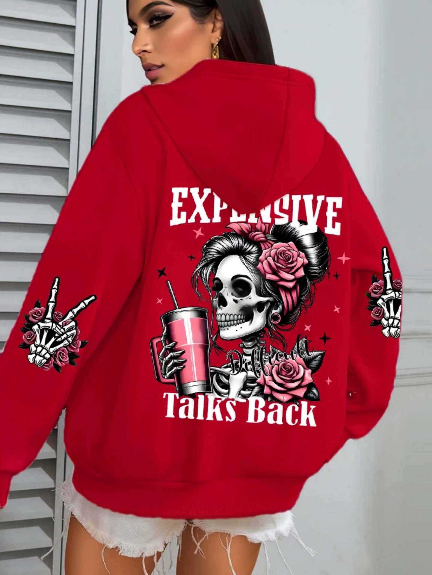 Women's Pink Skull Soda Print Hoodie