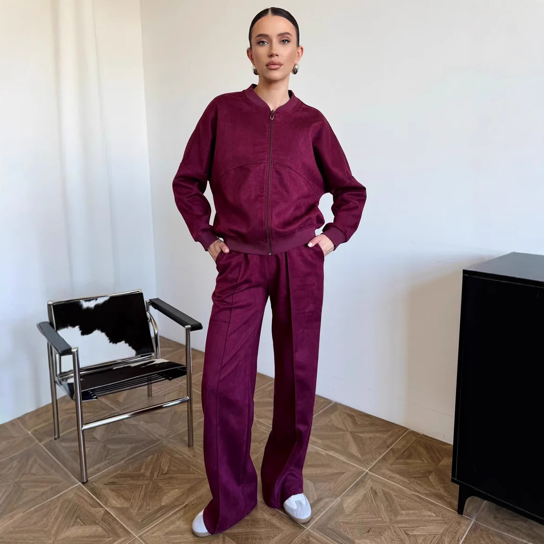 Women's Faux Suede Two-Piece Cardigan and Pants Set Long Sleeve