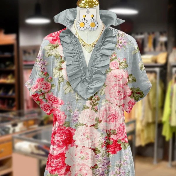 V-Neck Lace Trim Short Sleeve Floral Print Midi Dress