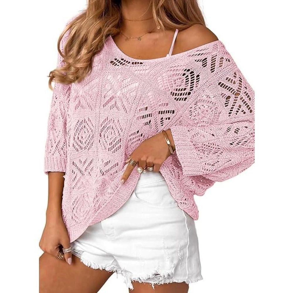 V-Neck Diamond Crochet Hollow-Out Knit Top with Dolman Sleeves