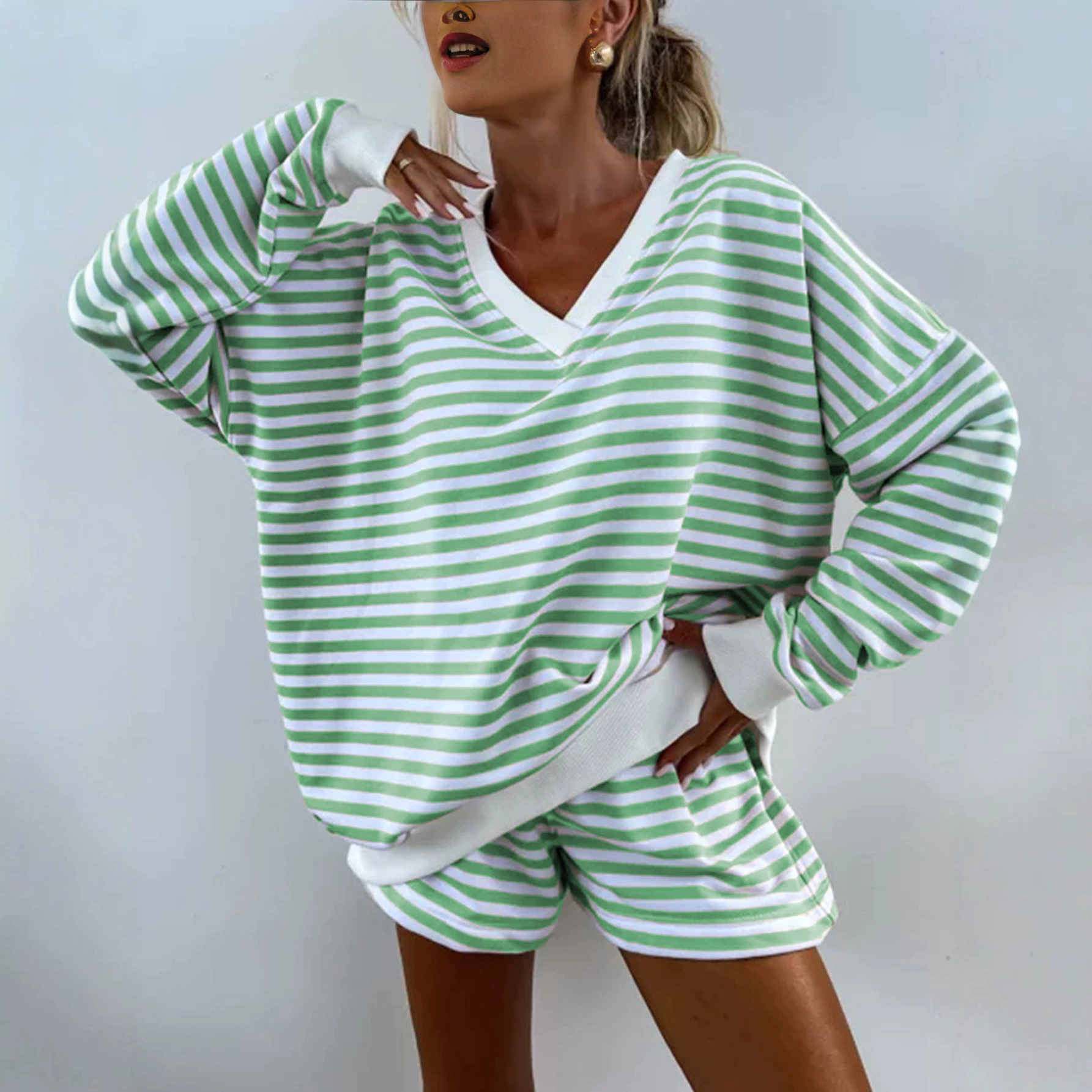 Women's Striped V-Neck Long Sleeve T-Shirt and Shorts Casual Set
