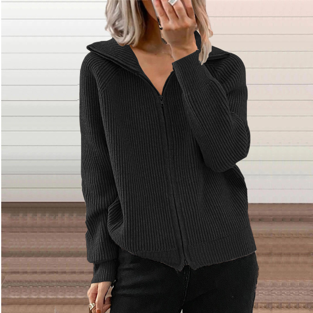Striped Zip-Up Knit Cardigan Long Sleeve Collared Loose Fit