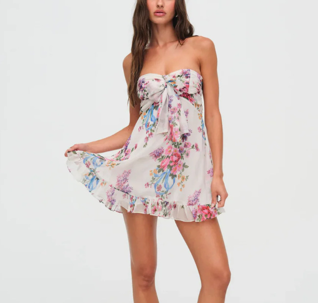 Sexy French Floral Print Sheer Strapless A-Line Dress