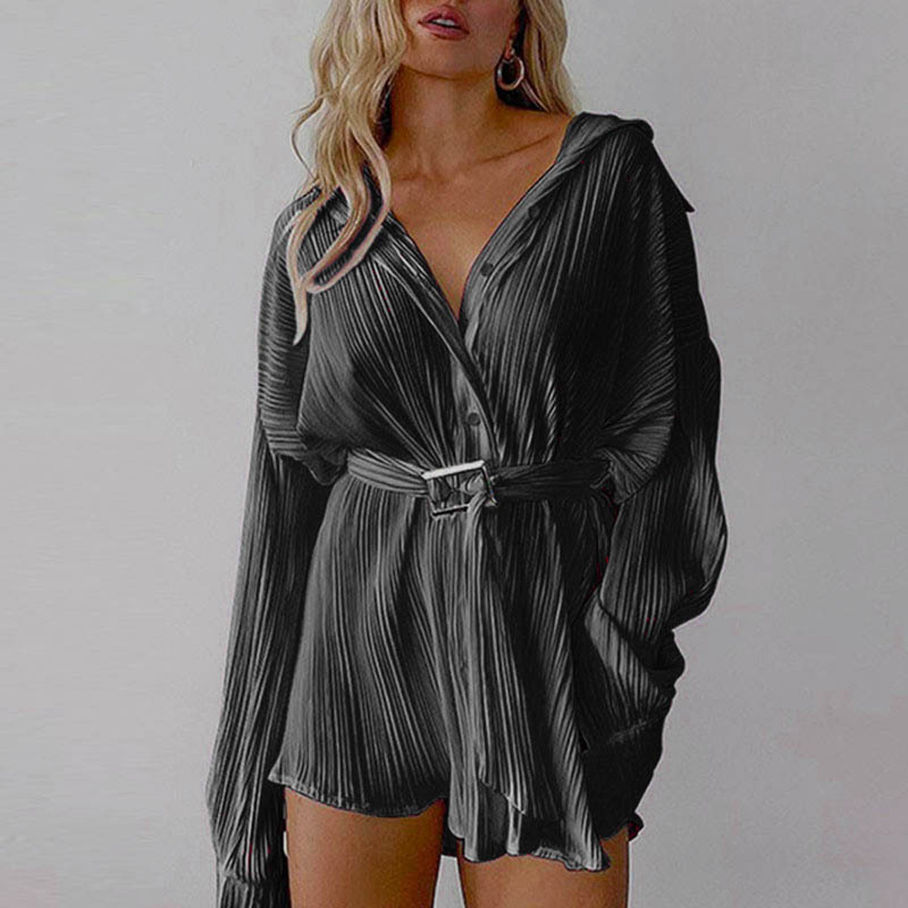 Women's Shirt Collar Tie-Waist Pleated Long Sleeve Dress