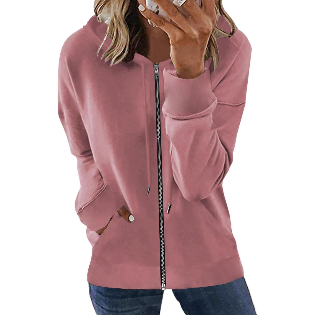 Zip-Up Hooded Cardigan Casual Solid Color