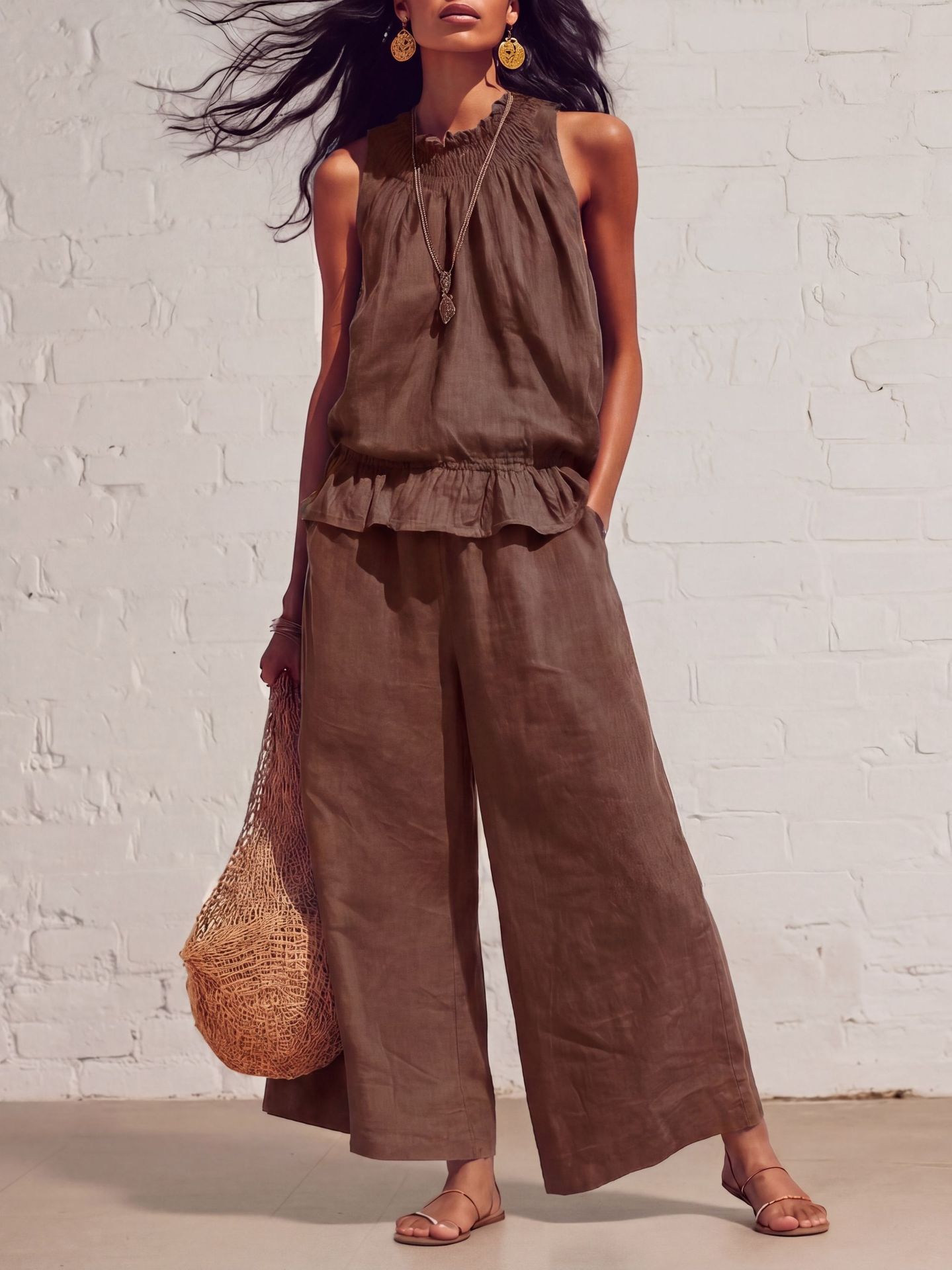 Women's Boho Ruffle Two-Piece Set Sleeveless Shirt and Wide-Leg Pants
