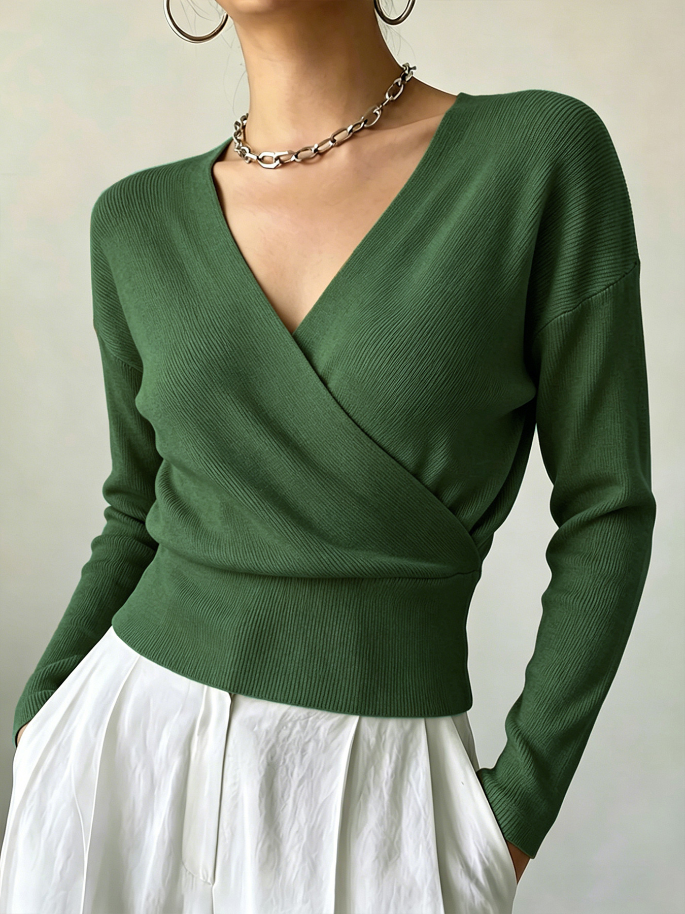Women's Long Sleeve Cross V-Neck Knit Sweater Slimming Solid Color