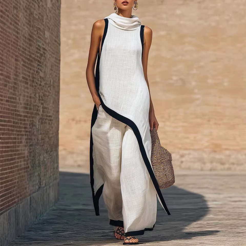 Asymmetric Cut Elegant Hooded Sleeveless Dress Set