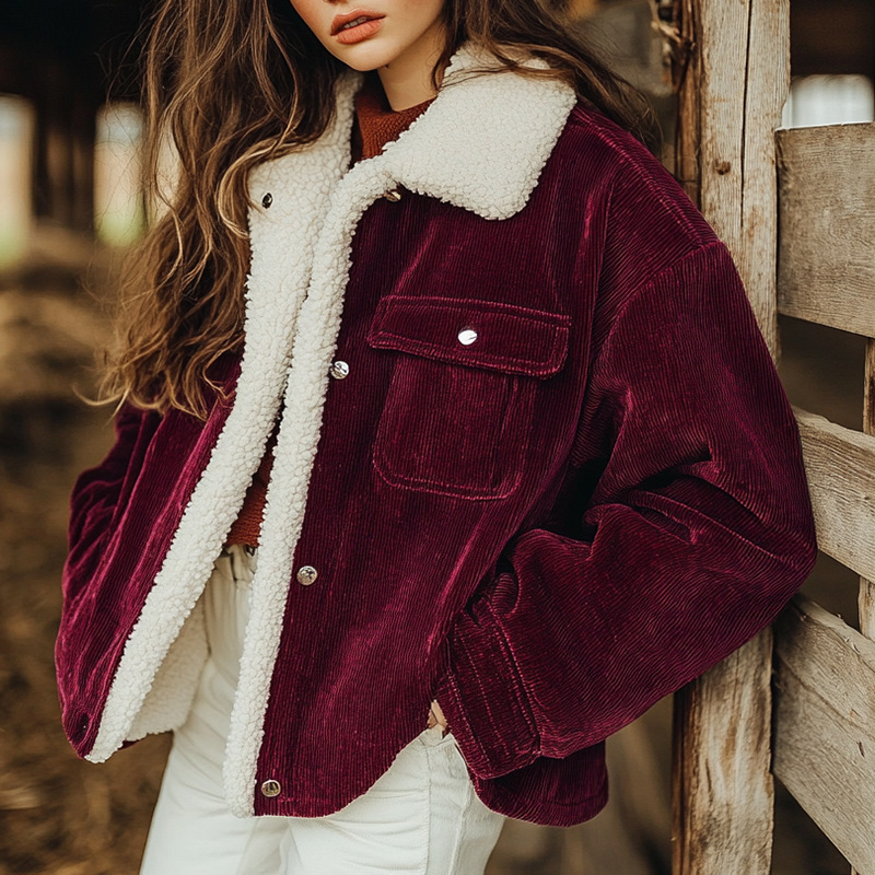 Women's Corduroy Fleece-Lined Button-Front Coat with Lapel Collar