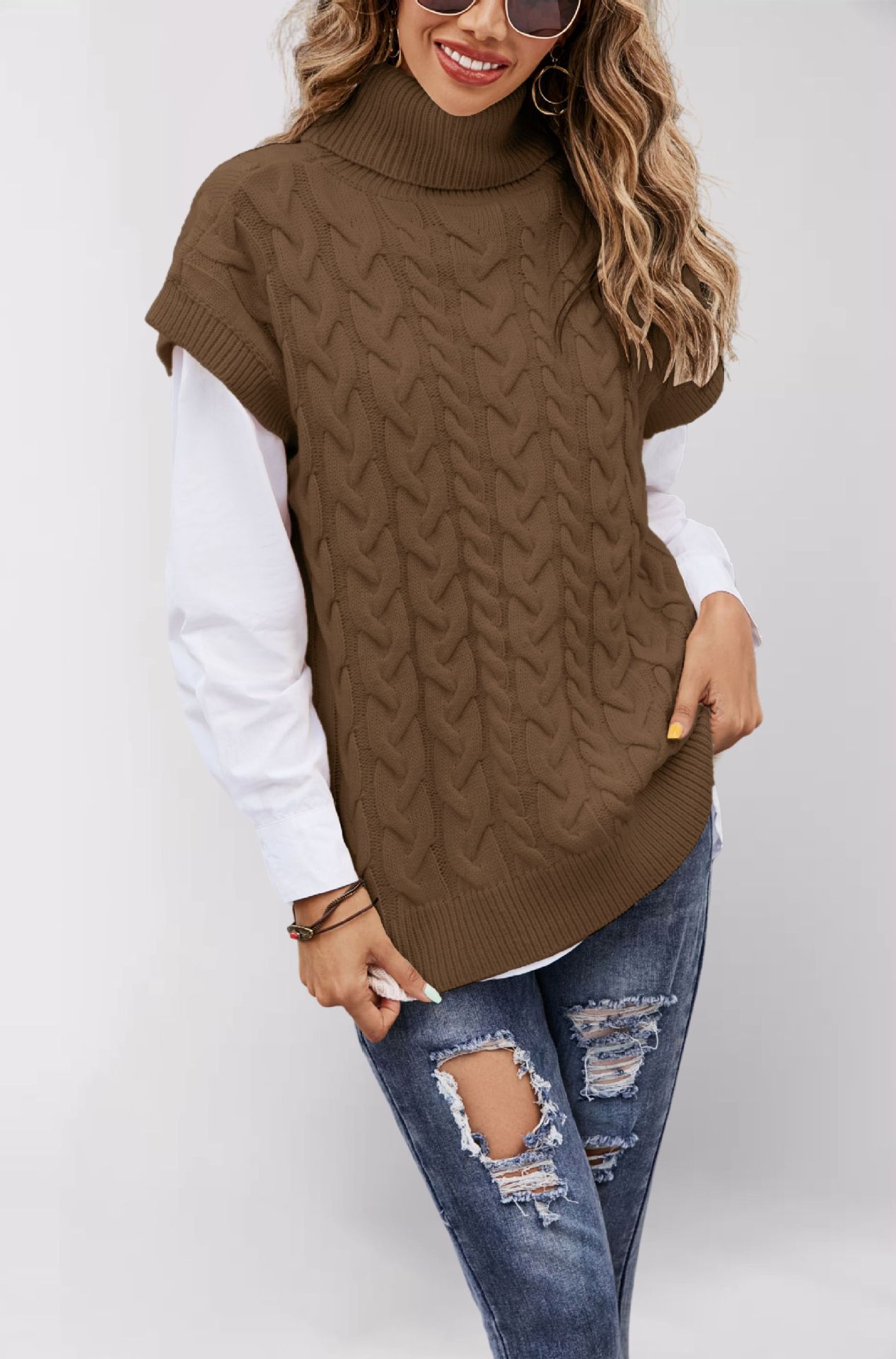 Women's Sleeveless Cable Knit Turtleneck Sweater Vest Loose Pullover