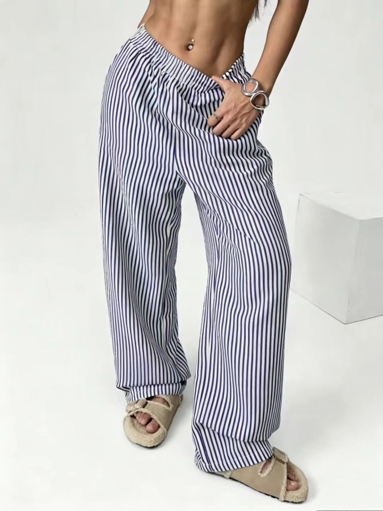 Striped Relaxed Elastic Waist Straight-Leg Pants with Pockets
