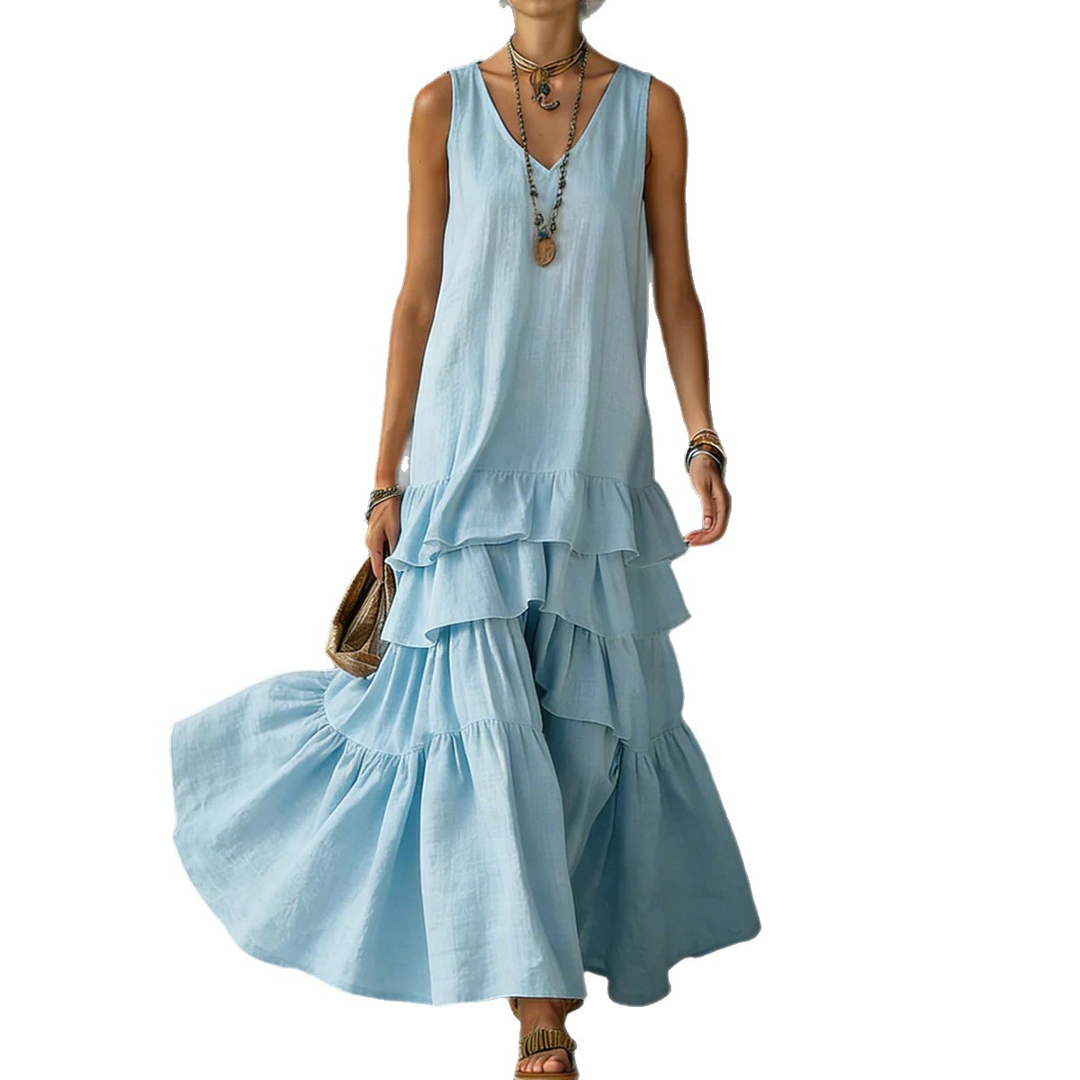 Women's Summer Beach Vacation Dress Solid Color Tiered Maxi Dress