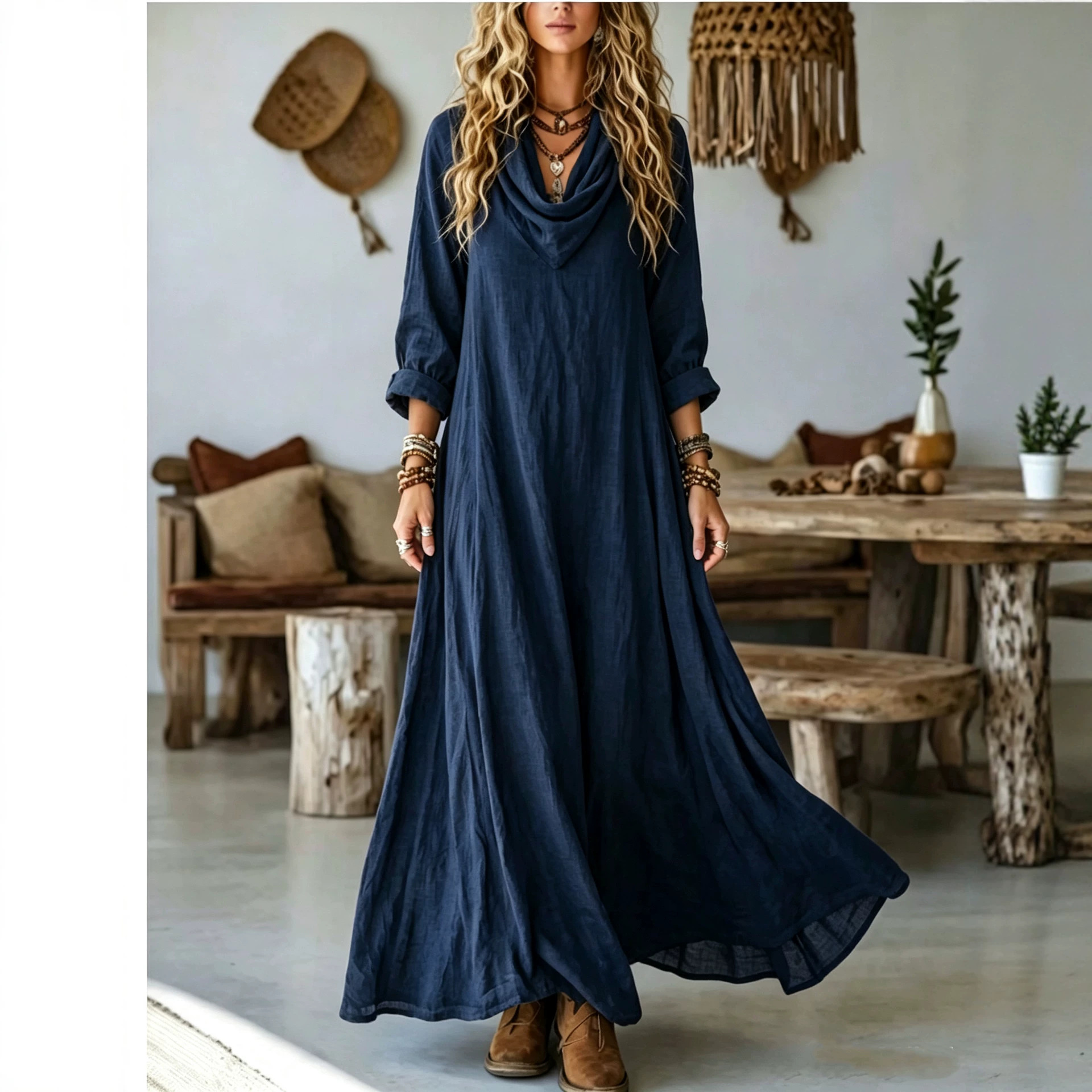 Women's Elegant Bohemian Textured Solid Color Long Sleeve Cowl Neck Wide Hem Maxi Dress