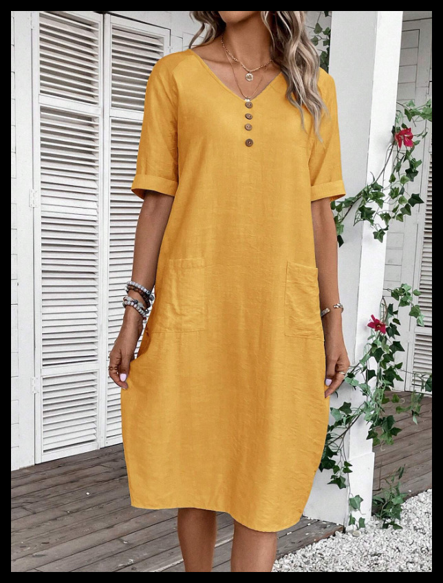 Women's V-Neck Loose Cotton Linen Midi Dress