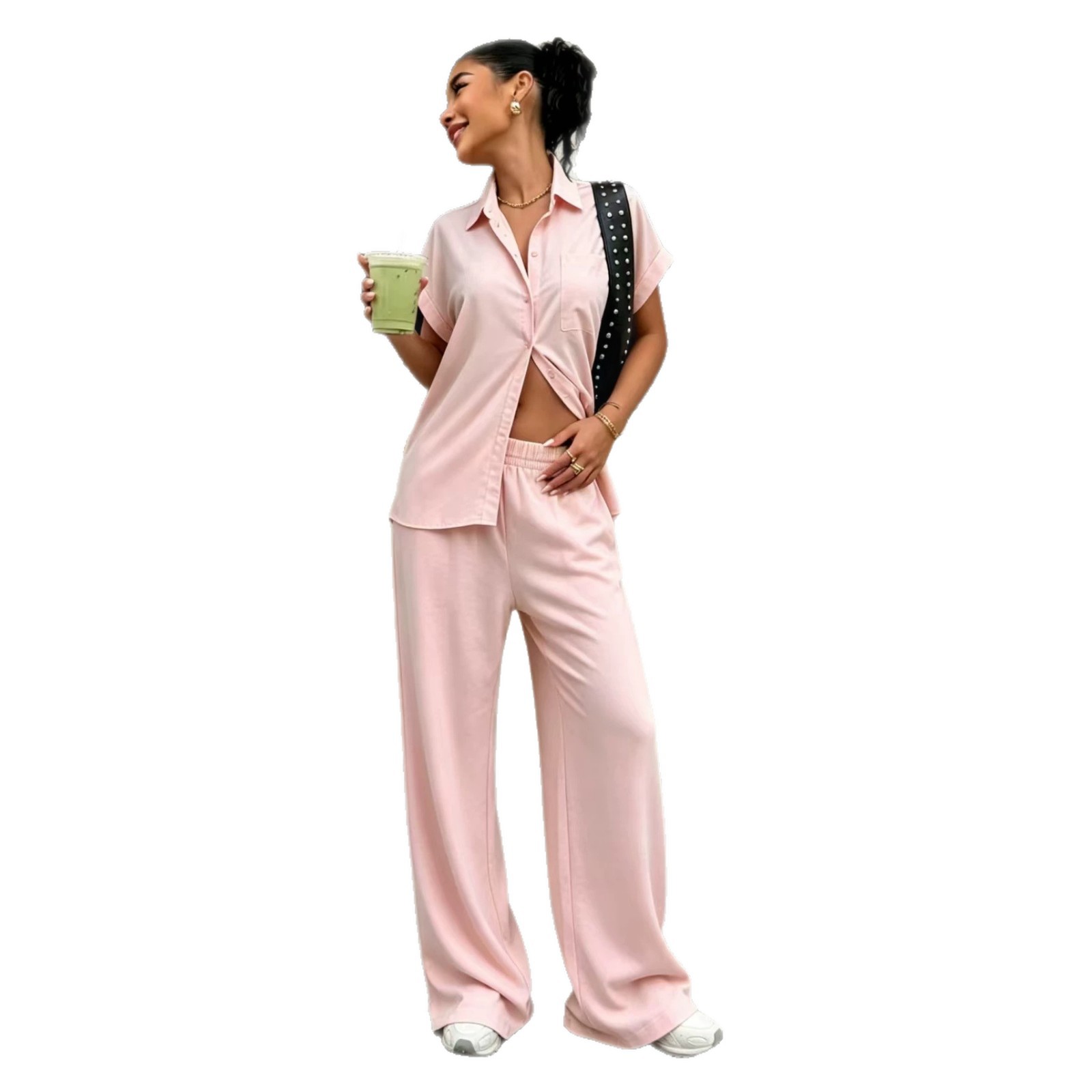 Women's Collared Short Sleeve Button Shirt & High Waist Wide Leg Pants Set
