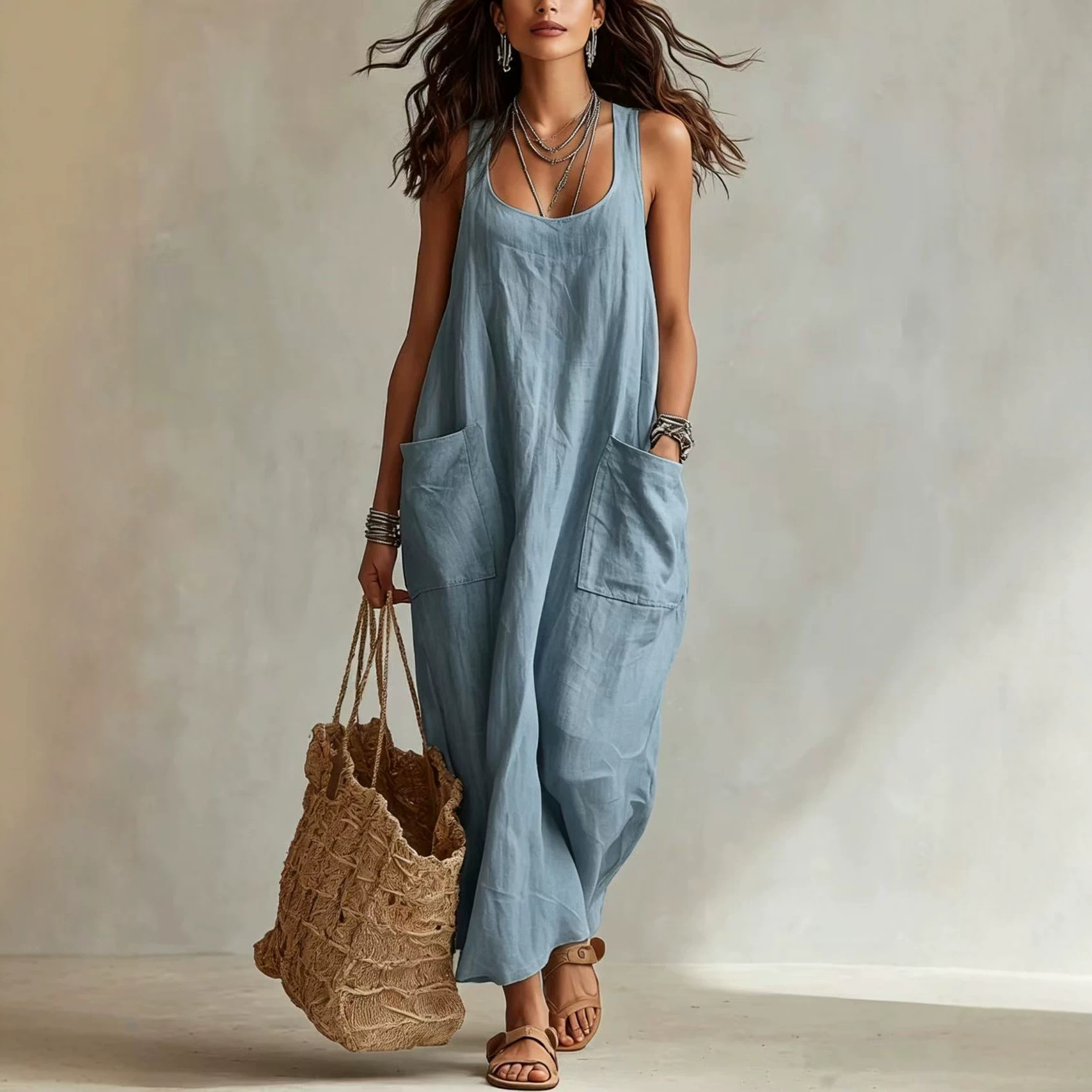 Women's Cotton-Linen Sleeveless Long Dress with Pockets Casual Summer