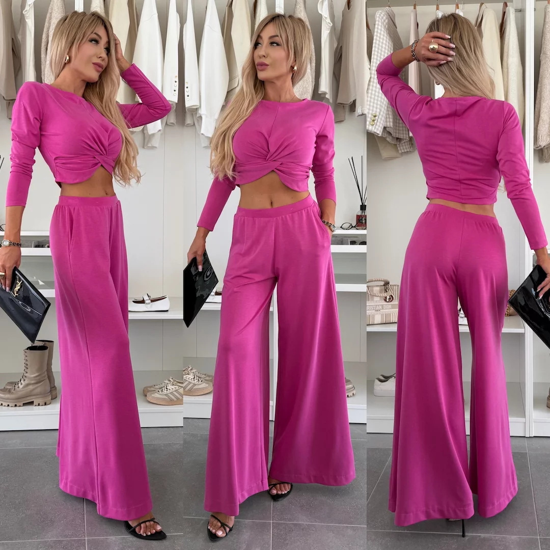 Women's Solid Color Ruched Long Sleeve Crop Top and Straight Leg Pants Two-Piece Set