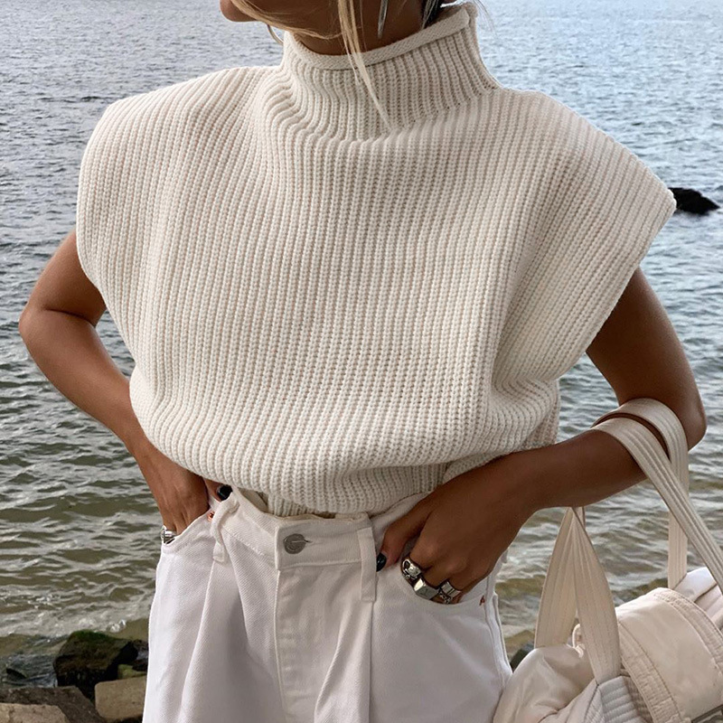 Women's High Neck Short Sleeve Knit Top Solid Color