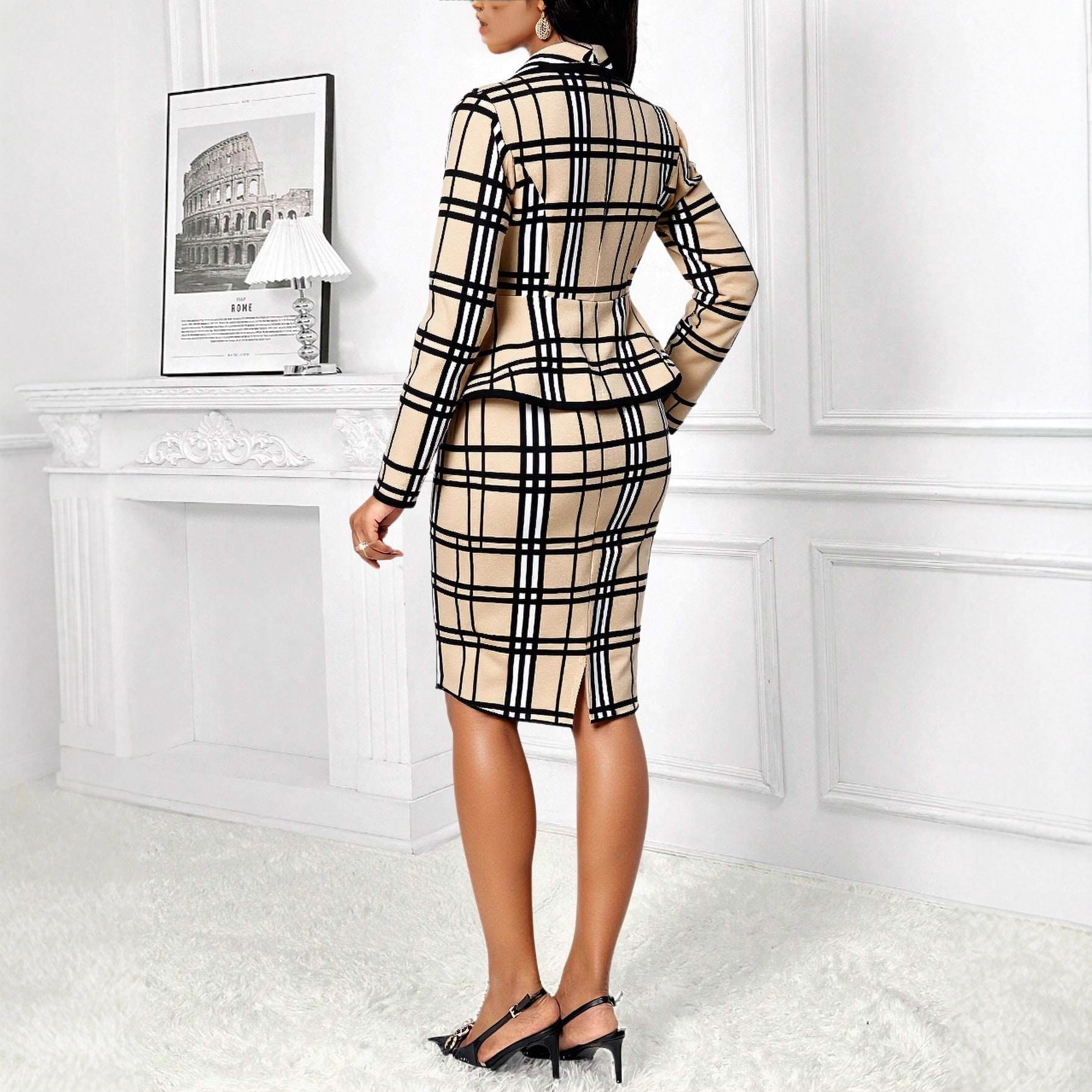 Plaid Print Blazer and Skirt Two-Piece Set