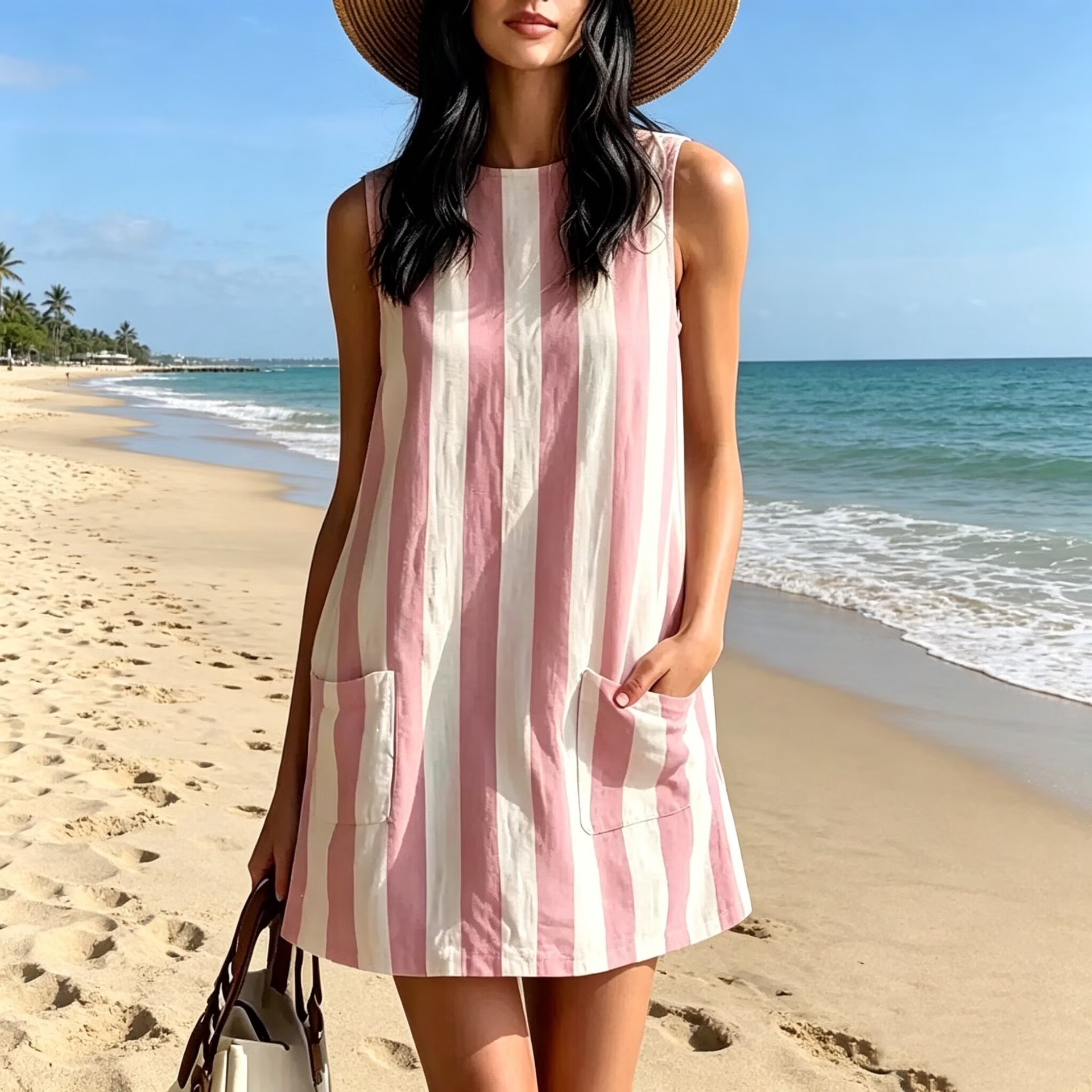 Striped Sleeveless A-Line Dress with Pockets