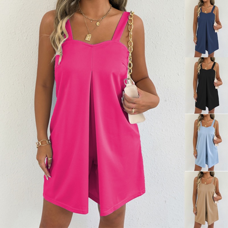 Women's Loose Solid Color Sleeveless Overall Jumpsuit with Pockets
