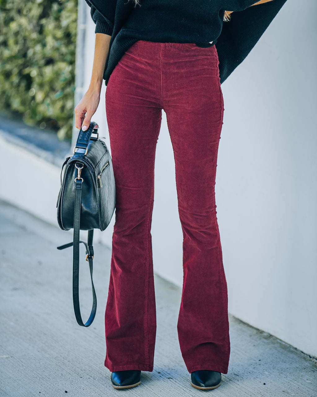 Women's Solid High-Waist Corduroy Flare Pants with Elastic Waist