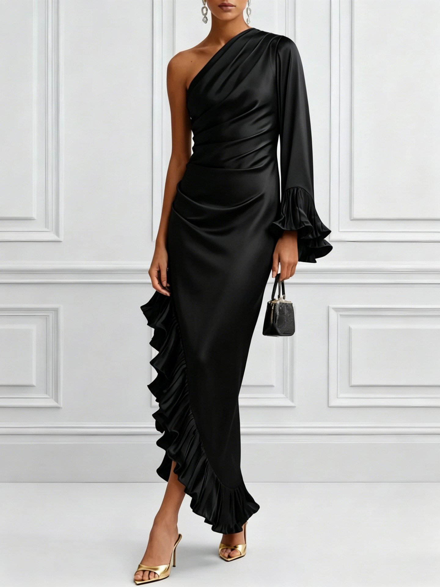 Solid Satin Off-Shoulder Ruched Asymmetrical Dress