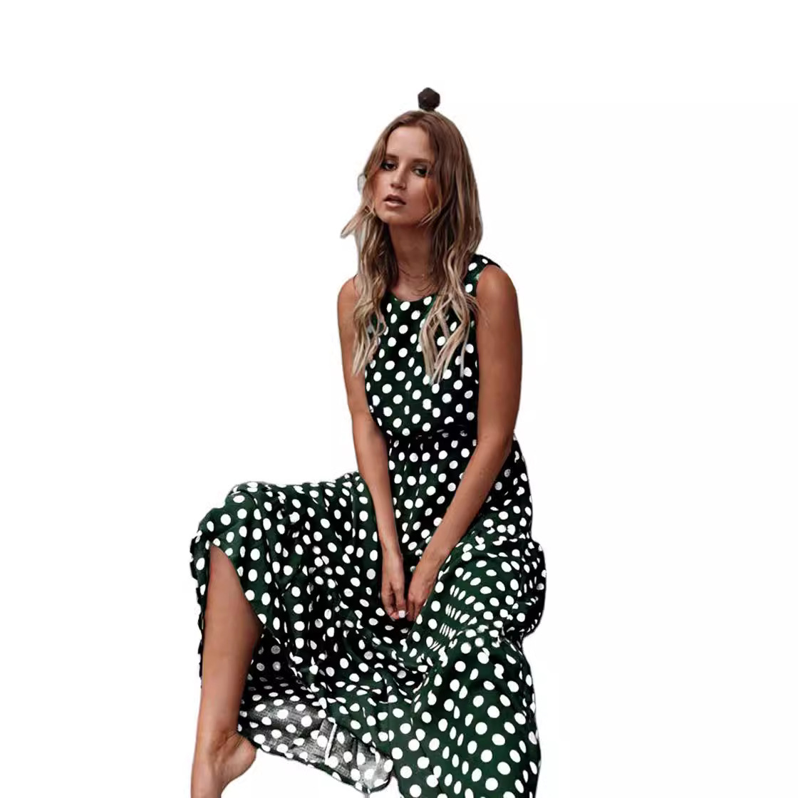 Polka Dot Print Round Neck Long Dress