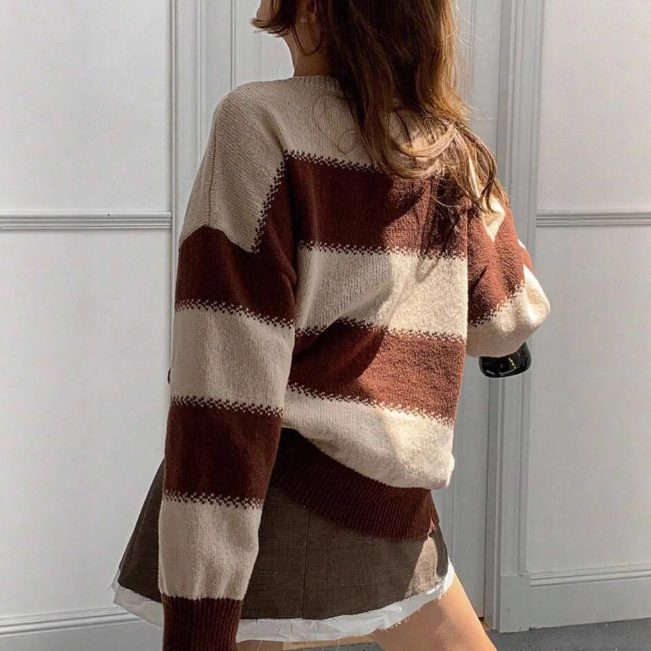 Striped Color-Block Long-Sleeve Knit Sweater Women's Crewneck Pullover