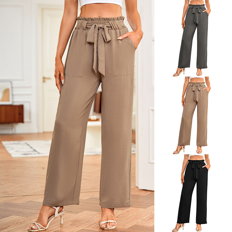 Women's High-Waist Wide-Leg Pants with Tie, Solid Color, Loose Fit