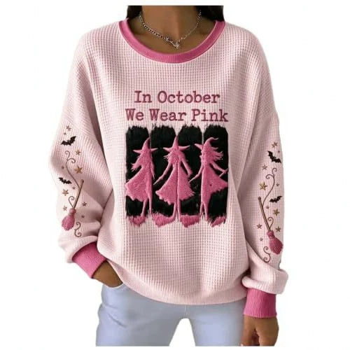 Halloween Witch Broom Print Crewneck Long-Sleeve Pullover Sweatshirt