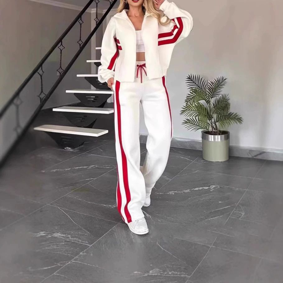 Women's Colorblock Two-Piece Lounge Set Zip Cardigan & Wide-Leg Pants