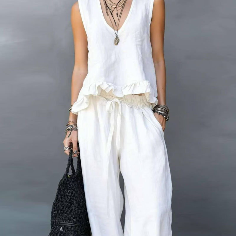 Sleeveless V-Neck Ruffle Top and Wide-Leg Pants Set