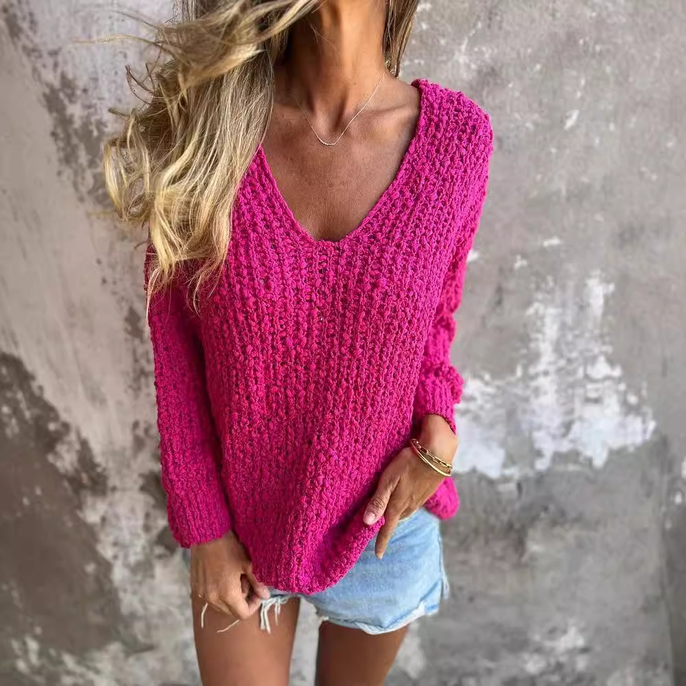 Chunky Knit V-Neck Long-Sleeve Sweater